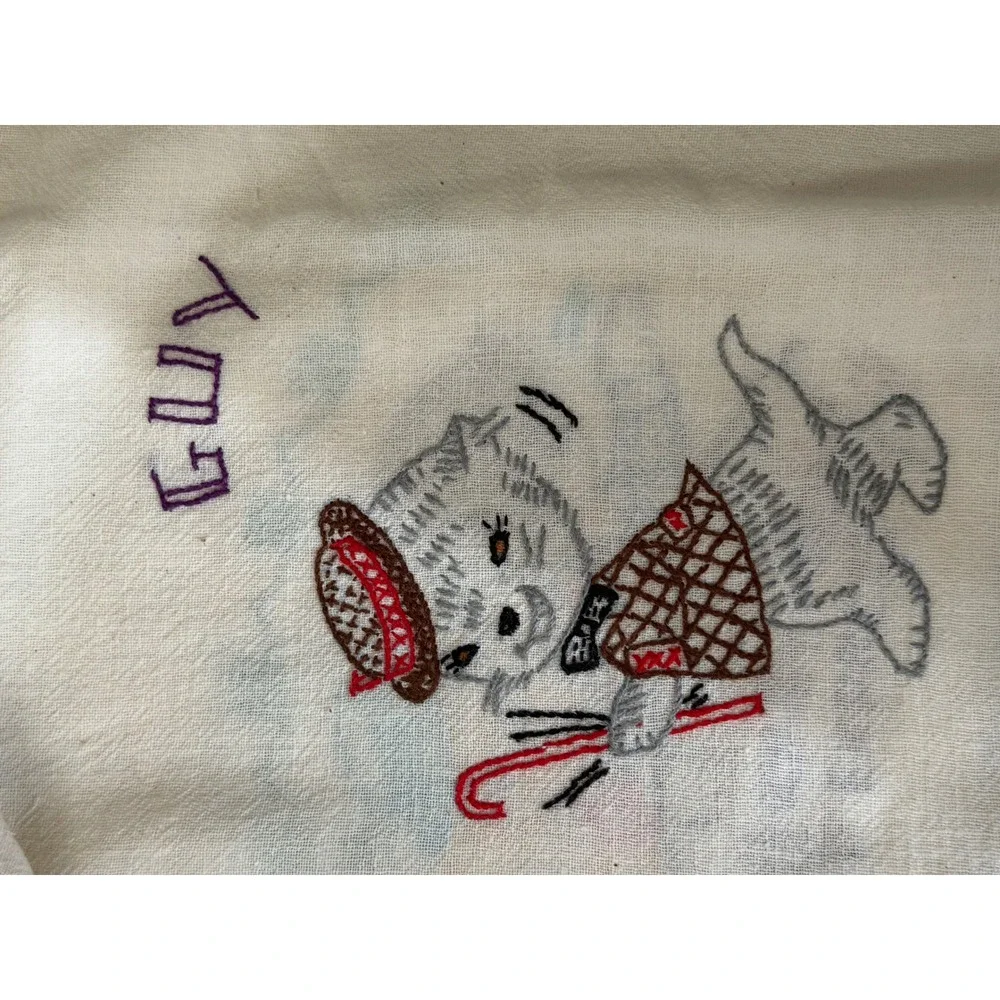 Hand Embroidered Cat Tea Towels Set 6 Kitsch Wedding Honeymoon
